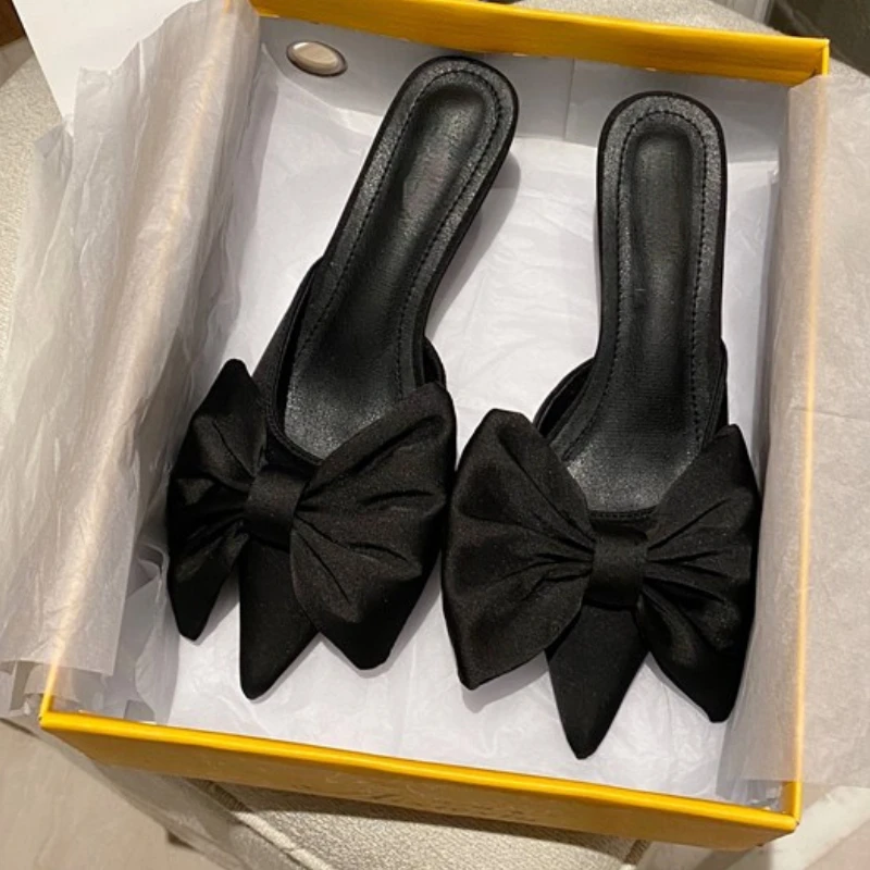 

Spring 2023 New Bow Pointy Heel Slippers Baotou Half Drag High Heel Women's Sandals