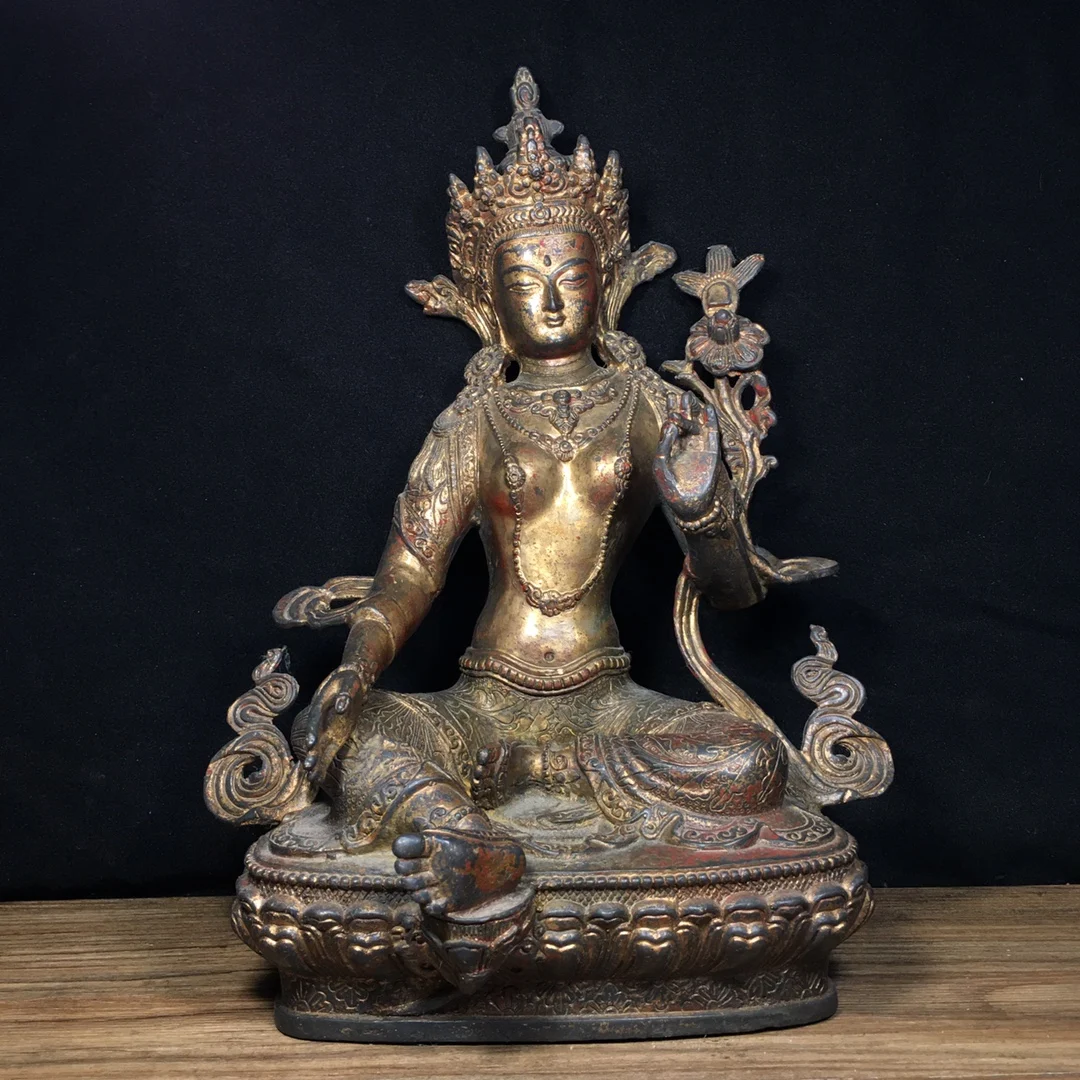 

12"Tibetan Temple Collection Old Bronze Cinnabar Mud gold Green Tara lotus platform Sitting Buddha Town house Exorcism