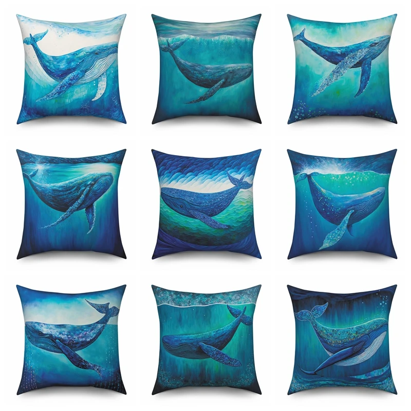 

Blue Whale Throw Pillow Cover Animal Sea Theme Marine Life Cushion Cover Cotton Linen Decorative Pillowcase for Couch Sofa Decor