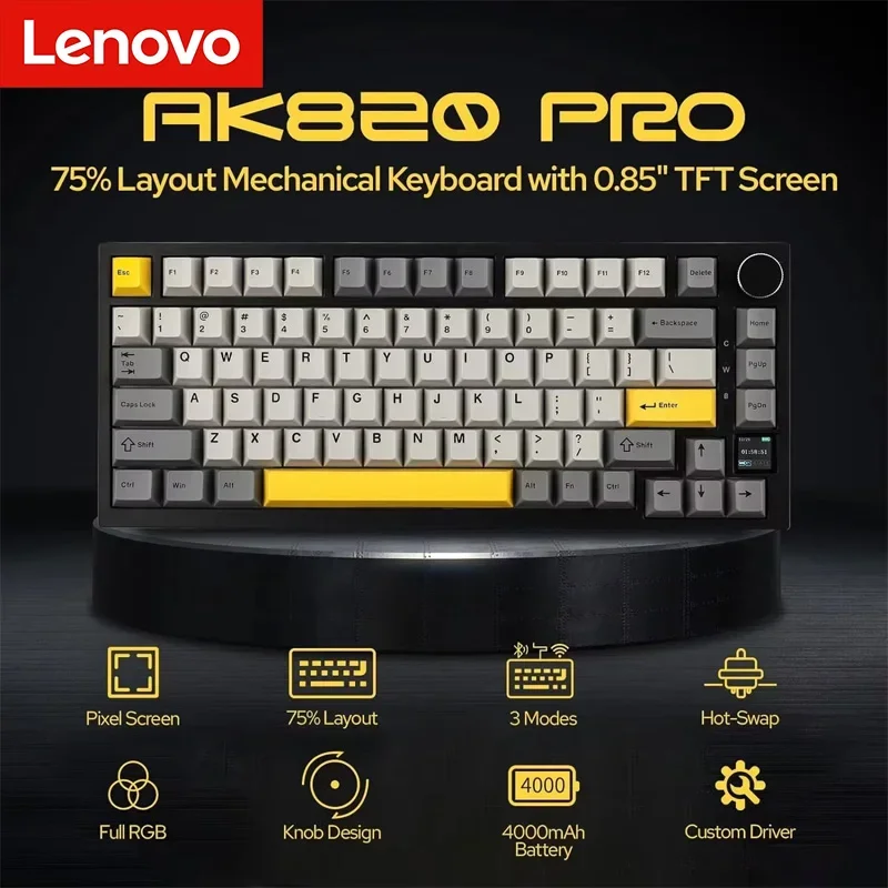 Фото Lenovo AK820/AK820Pro Игровая механическая клавиатура Bluetooth 5.1/Беспроводная/C-проводная клавиатура с ручкой, прокладкой для горячей замены №1