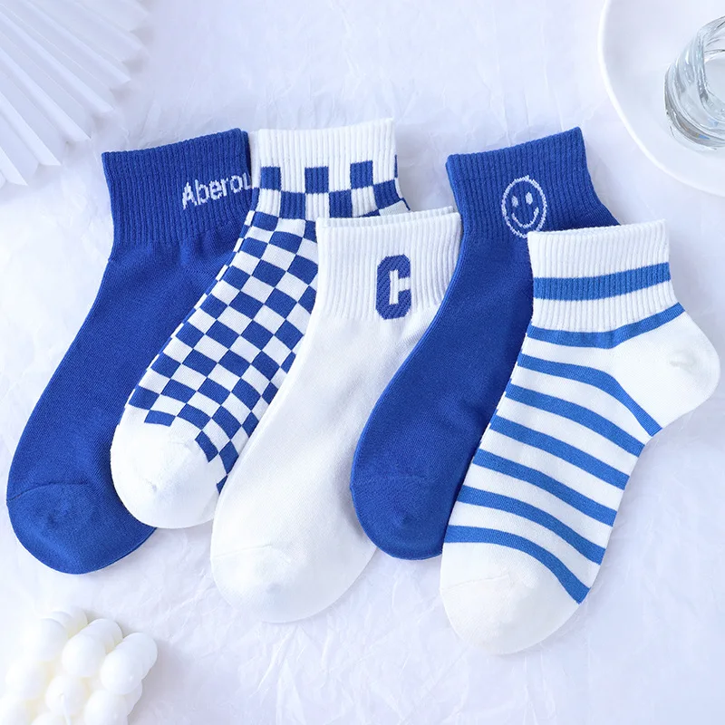

Fashion Ladies Klein Blue Plaid Striped Mid Tube Socks Letter Breathable Casual Checkerboard Boat Socks Girl Smiley Socks