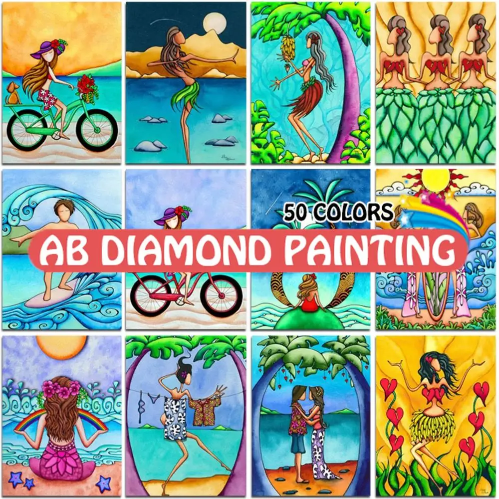 

Абстрактная алмазная живопись AB мультфильм серфинг 5D DIY пляж Белль Пейзаж Вышивка крестиком домашний декор