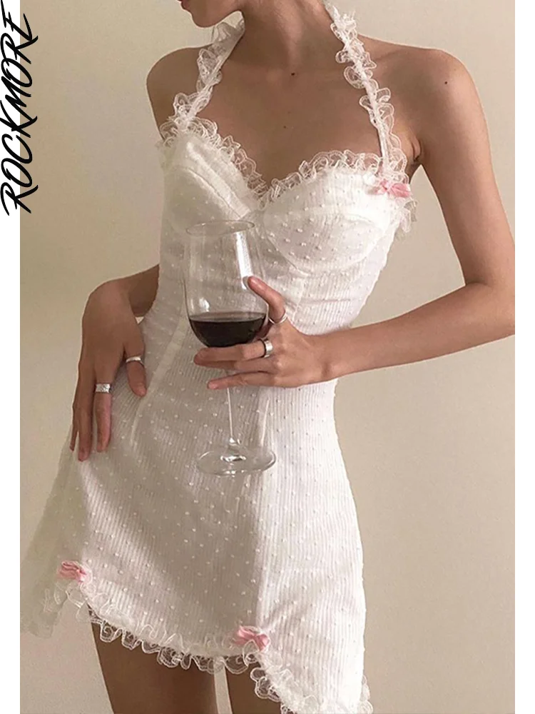 

Rockmore Y2K кружевное платье с лямкой на шее для отдыха, Пляжное Платье для вечеринки, милые вечерние Сарафаны с бантом и открытой спиной, летняя ...