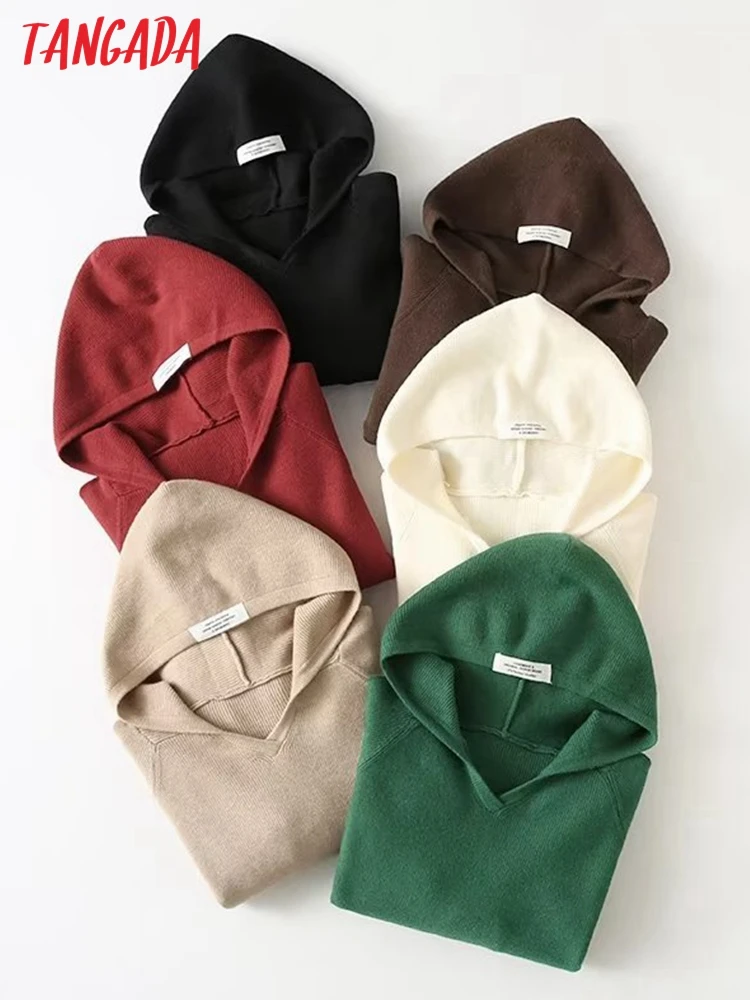 

Женский трикотажный свитер Tangada с капюшоном, однотонный джемпер, пуловеры, оверсайз YU295, 2022