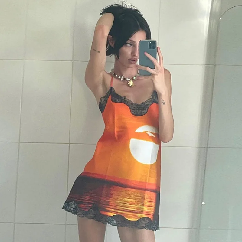 

Summer Short Prom Mini Dress Landscape Printing Boho Lace Birthday Night Dresses for Women Party One-pieces Women Clothes 2022