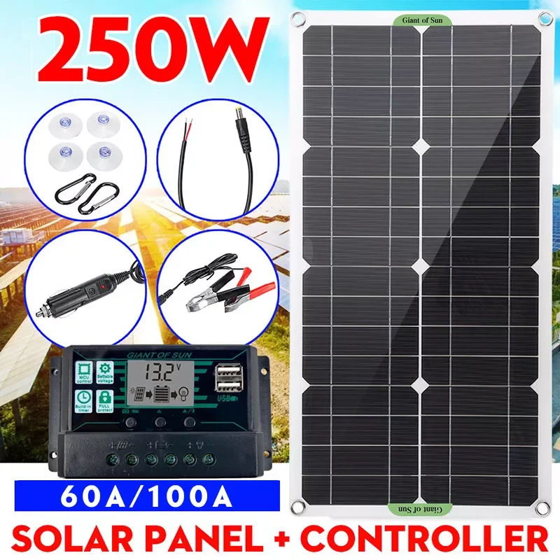 

250W Solar Panel Kit Complete Dual USB 12/5V DC With 60A/100A Solar Controller Solar Cells for Car Yacht RV Battery Charger