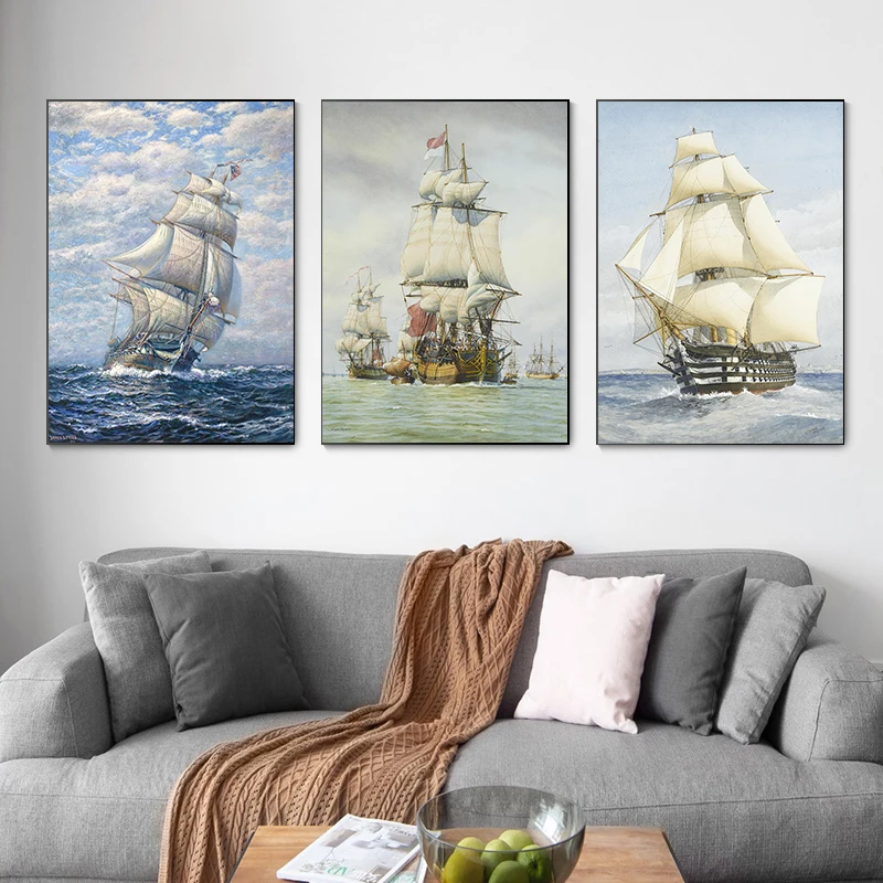 

Vintage Ship At Sea Landscape Canvas Painting Sailboat Prints Posters Vessel Wall Pictures for Modern Living Room Decor Cuadros