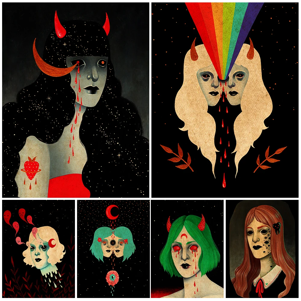 

Spider Girl,Tooth Fairy And Pagan Witchcraft Vintage Wall Art Canvas Painting Abstract Wicca Decor Gothic Horror Girl Art Poster