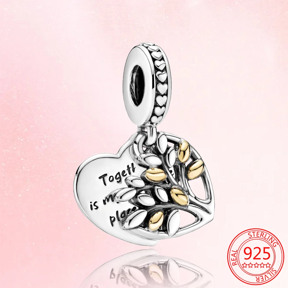 

Двухцветный кулон в виде сердца из семейного дерева, подвеска из стерлингового серебра 925 пробы, подходит для оригинального браслета, ожере...