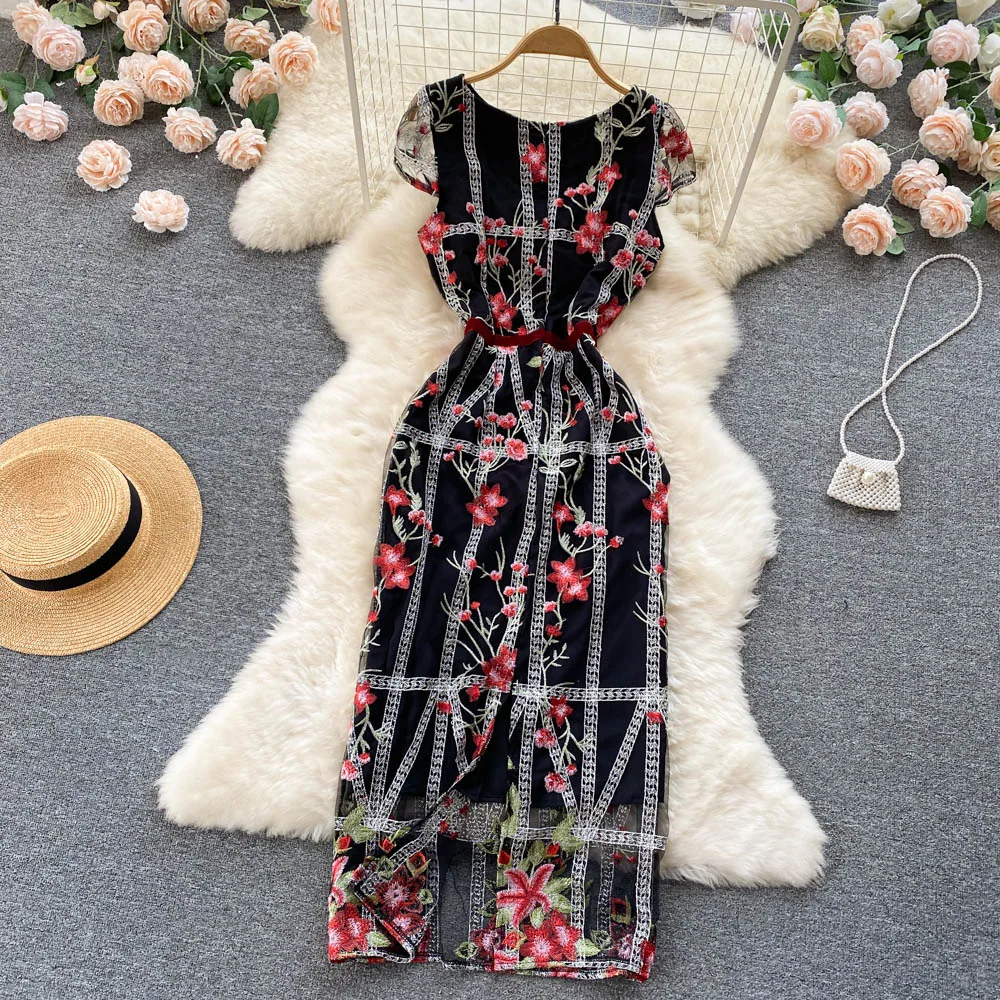 

Gauze Embroidery Flower Dress 2022 Summer New Fashion Women Round Neck Slim Wrap Hip Elegant Dresses Vestidos De Mujer G713