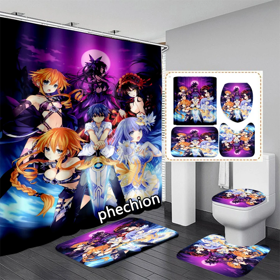 

phechion Anime DATE A LIVEⅢ 3D Print Waterproof Bathroom Shower Curtain Toilet Cover Mat Non-Slip Floor Mat (1/3/4Pcs) W71