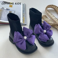 girls boots 2022 autumn winter kids fashion chelsea children shoes breathable socks toddler bowtie pearls classic soft platform