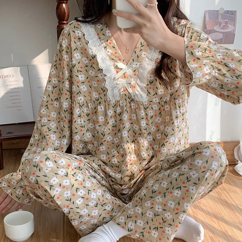 Pjamas For Women Long Sleeve Cotton Silk Ensemble Femme 2 Pièces V-neck Lace Edge