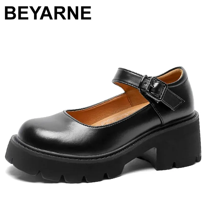 

Женские туфли на толстой подошве, летние Туфли Мэри Джейн из натуральной кожи с круглым носком и увеличивающей пряжкой в стиле ретро, на платформе и каблуке