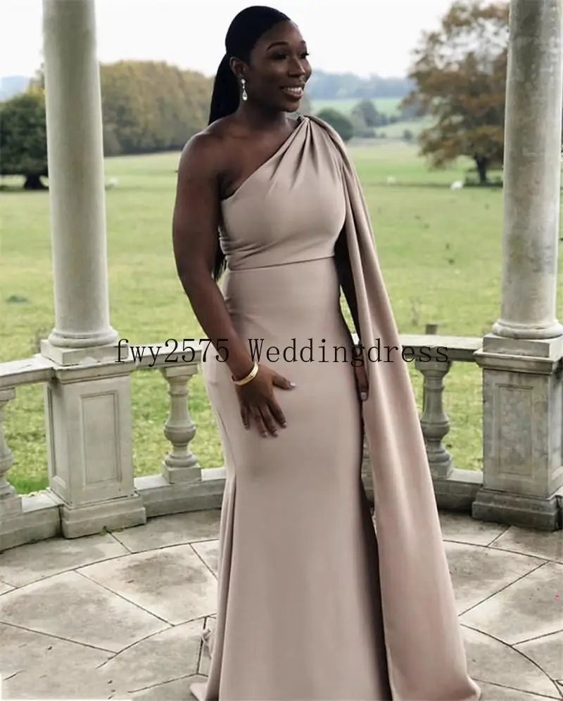 

Champagne Bridesmaid Dresses With Cape African Special One Shoulder Floor Length Mermaid Satin Wedding Party Prom Dress