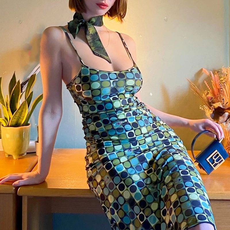 

Y2K Retro Green Dot Print Mini Dresses Summer Spaghetti Strap Slim Fit Dress Wrap Hip Bodycon 90s Vintage Aesthetic Vestidos