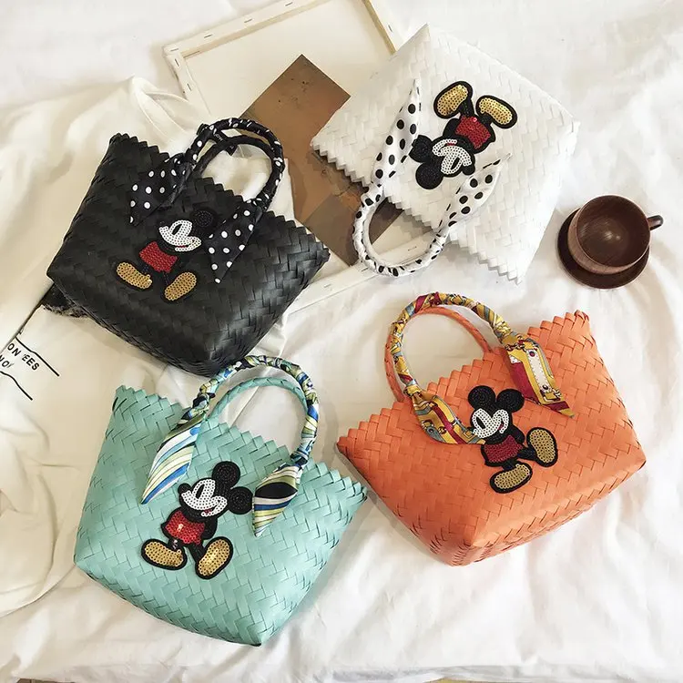 New Disney Mickey Hand-woven  Basket Cartoon Portable Straw Bag Beach  Bag