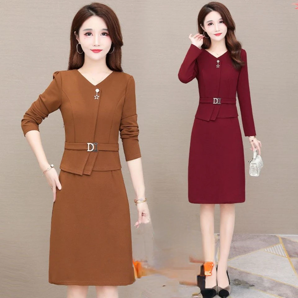 

Women's Elegant Patchwork Dress Spring Autumn 2022 Ladies V-Neck Long Sleeves Slim Office Pencil Bodycon Party Dresses M299