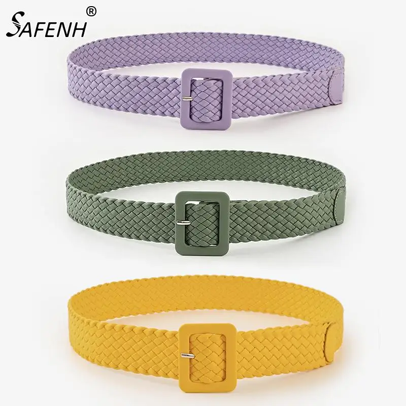 Fashion New Candy Color Simple Woven Belt Korean Version Square Buckle Pin Buckle Belt For Young Women Jeans Accessories