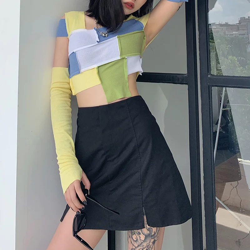 

Casual Patchwork Cropped Tops Sexy Square Collar Off Shoulder Slim Fashion Knitted Summer Clothes for Women High Streetwear 2021