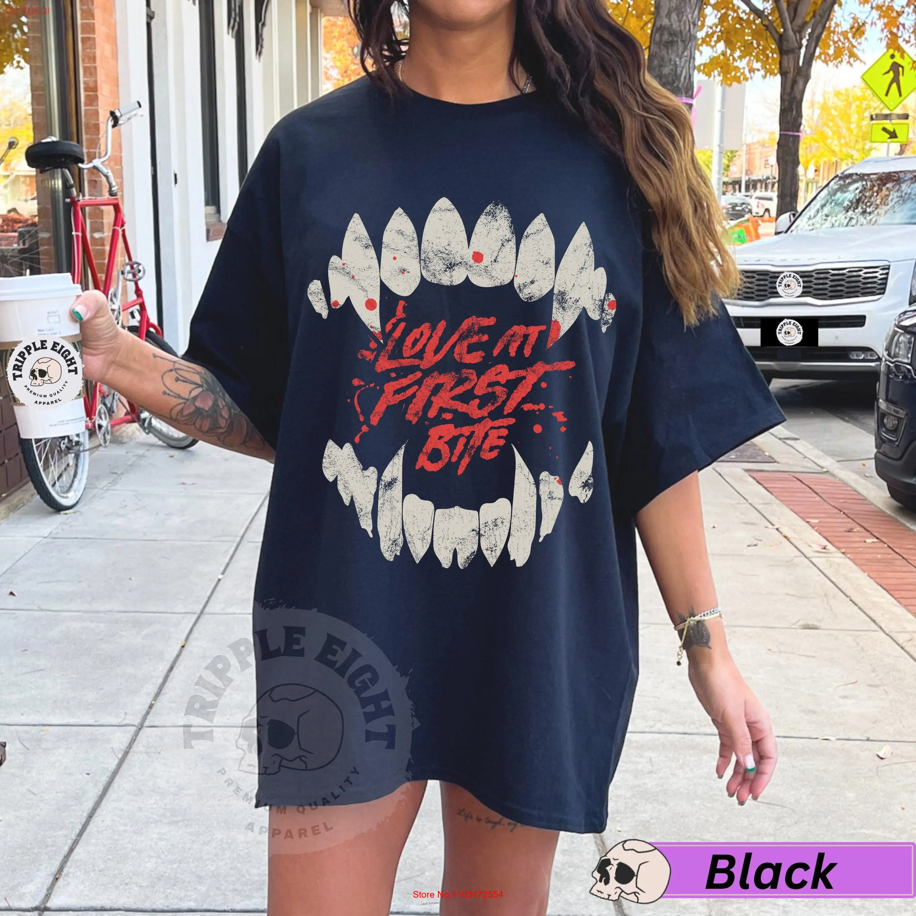 Хэллоуин Love at First Bite Vampire Fangs Негабаритная футболка Комфортные цвета Большие