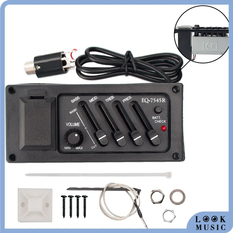 

Professional 4 Band Acoustic Guitar Preamp Amplifier EQ 7545R Pickup 6.5MM Output Acoustic Guitar Acceseories Piezo Pickup SET
