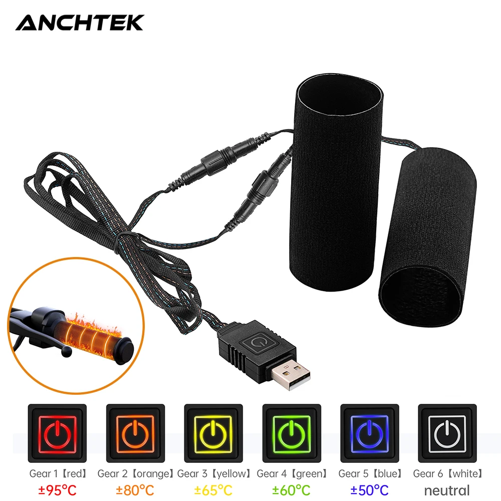 

Ручки на руль мотоцикла с подогревом Anchtek, 5 В, USB, 6 передач, грелка, электрическая ручка с подогревом, антивибрационная противоскользящая горячая ручка