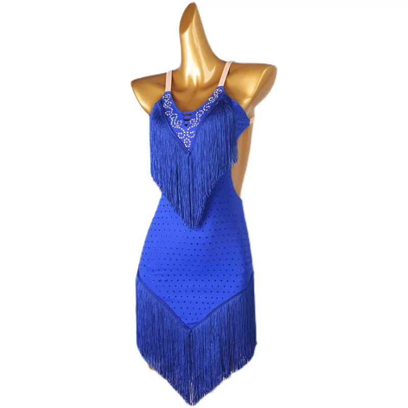 

Rhinestones Blue Multi-layered Tassel-layerd Women Latin Dance Dress For Competition Samba Dance Clothes Salsa Dress Night Dress