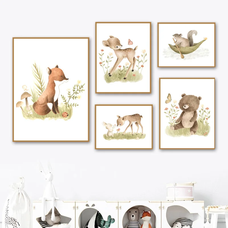 

Cute Cartoon Animals Nordic Poster Fox Deer Bear Hedgehog Rabbit Squirrel Wall Art Canvas Painting Wall Pictures Kids Room Decor