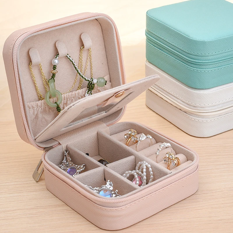 

Portable Jewelry Organizer With Mirror Display Travel Jewelry Case Boxes Locket Necklace Box Leather Storage Earring Ring Holder