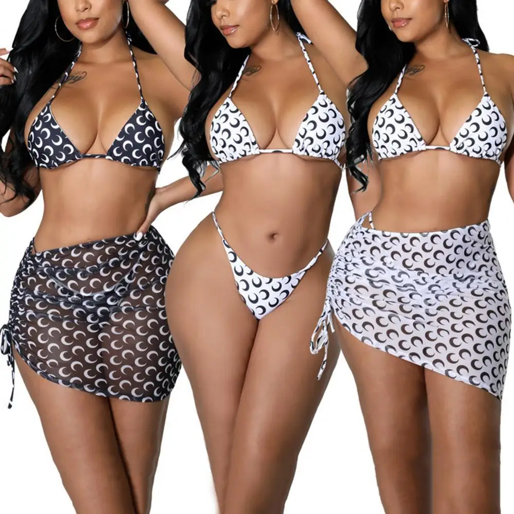 

Women's Swimsuit 3Pcs/Set Halter Adjustable Straps Bandage Bikini Skirt Set Moon Print Bra Briefs High Waist Skirt for Swimming