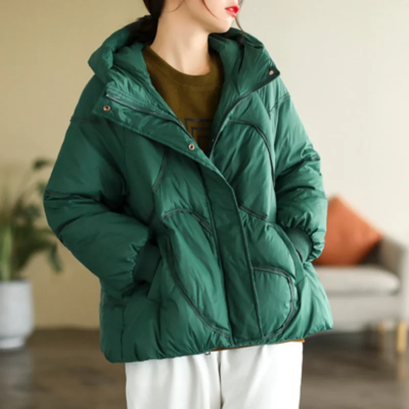 2022 Autumn Winter New Women Hooded Down Jacket Fashion Design Plus Velvet Bread Jacket 50% White Duck Down Solid Color Coats