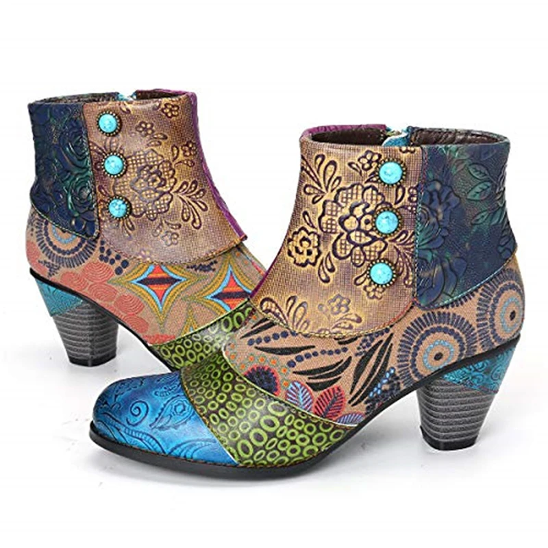 Vintage Splicing Printed Ankle Boots For Women Shoes Woman PU Leather Retro Block High Heels Women Boots 2023