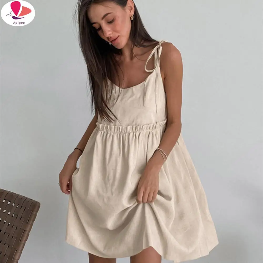 

APIPEE Summer Khaki Linen Dress Women Elegant Spaghetti Strap A-Line Loose Dresses Fashion Ruched Lace-Up Sexy Mini Dresses