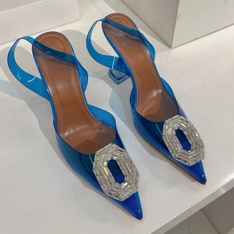 Women's pointed sandals 2023 spring and summer new style rhinestone square buckle high heels fashion banquet Baotou muller shoes