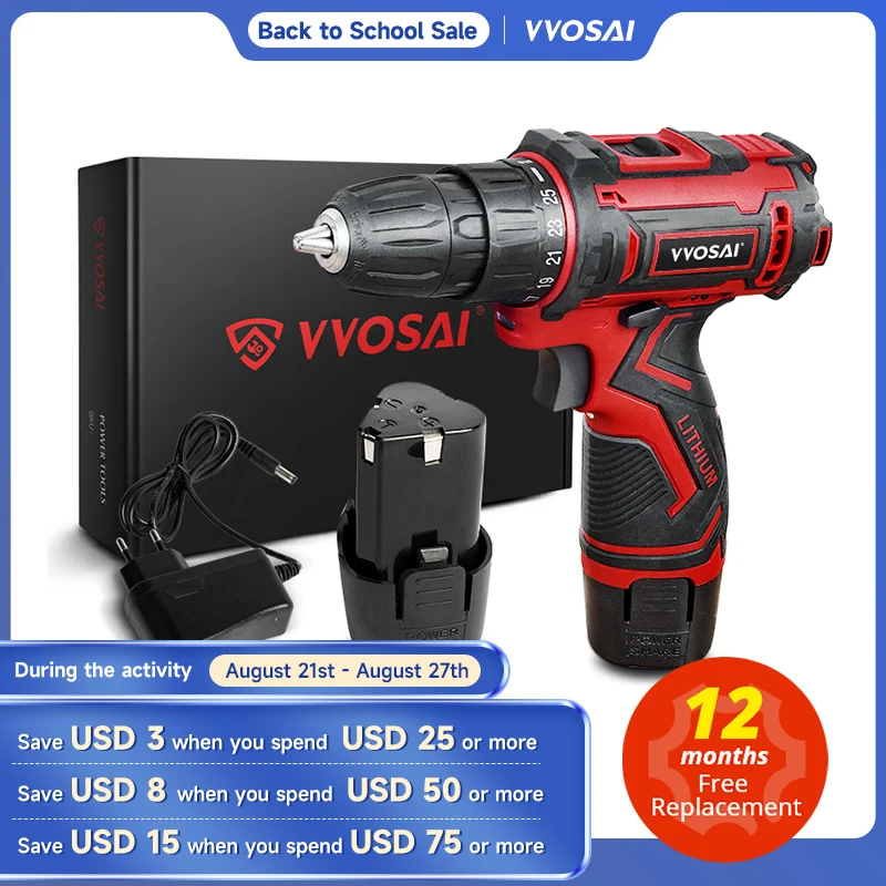 Шуруповерт Аккумуляторный WOSAI, 12 В, 2 скорости