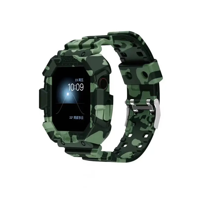 For Apple Watch Series 8 7 6 5 4 3 2 1 SE Watch Case Camouflag Armor Protective Case Band Wristwatch Strap Cover 45mm 41mm 44mm
