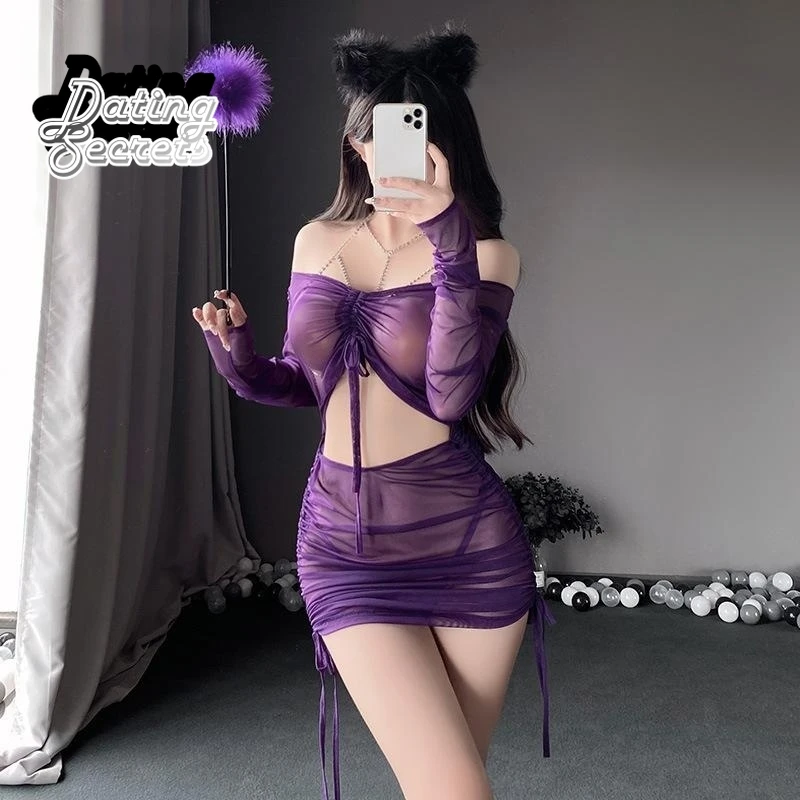 

Purple Mesh Perspective Pleated Wrapped Hip Dress Underwear Sexy Uniform Anime Cosplay Lingerie Nightclub for Women Set