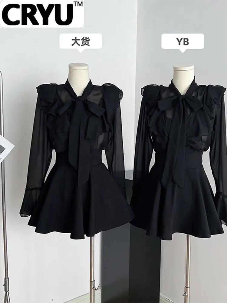 

Women Black Color Court Retro Style 2 Pieces Outfit Tie Up Ruffle Design See-through Shirt+A-line High Waist Mini Pleated Skirts