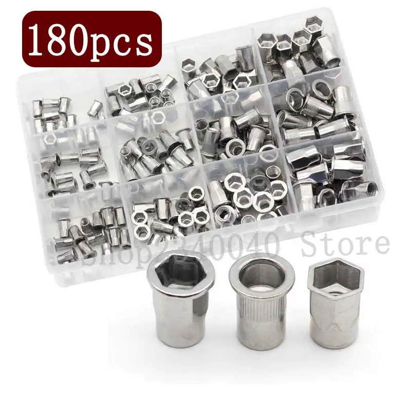 

180pcs 304 Stainless steel Flat Head Rivet Nuts NutsInsert Cap Thread Insert Rivet Nut Tool Set M4 M5 M6 M8 Rivet Nuts Kit