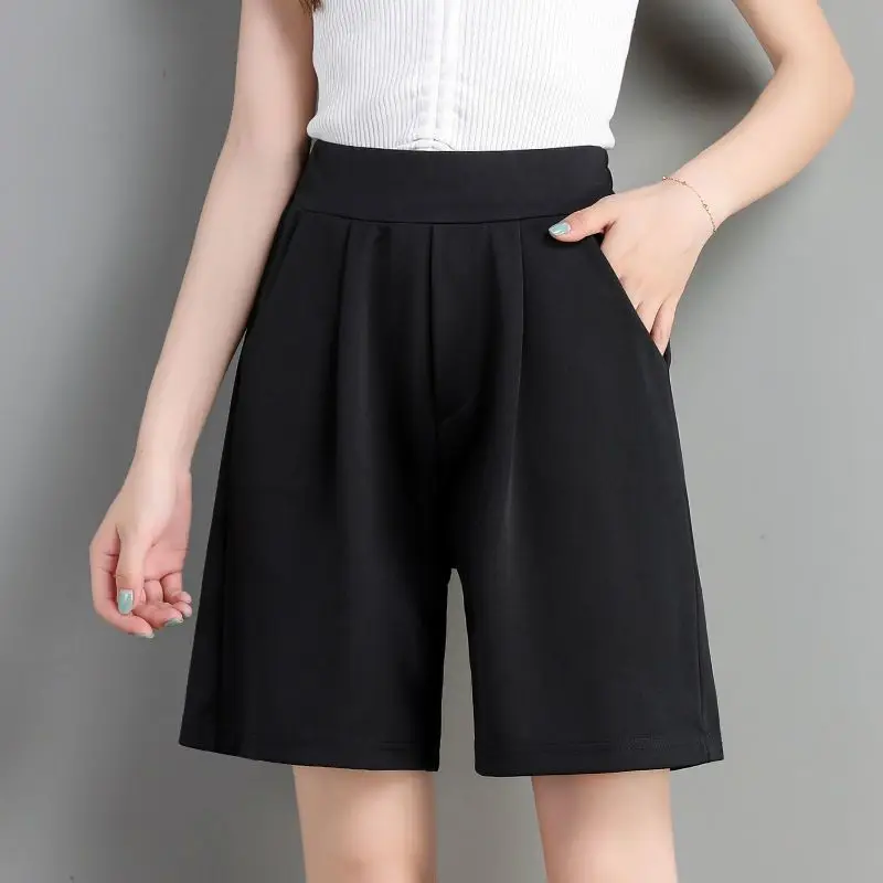 Summer New Ice Silk High Waist Black Capris Pants Solid Color Loose All-match Plus Size Shorts Casual Fashion Women Clothing