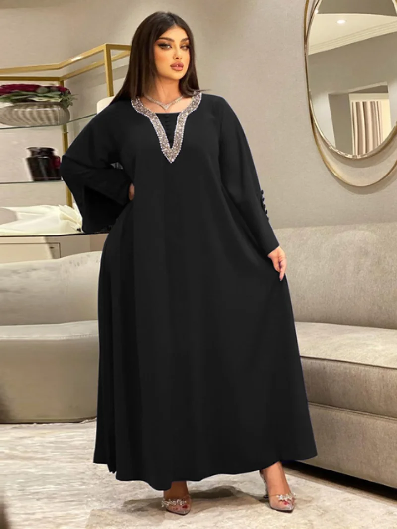 Muslim Woman Abaya Rhinestone Casual Loose Modest Dress Islam Oman Qatar Moroccan Kaftan Dubai Luxury Dresses For Prom