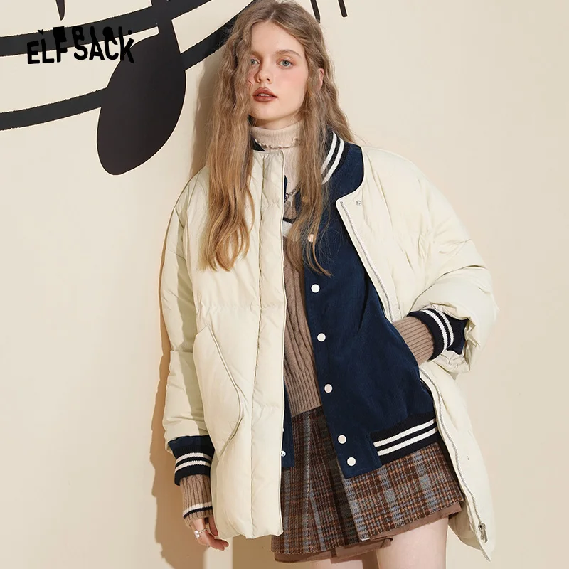 ELFSACK White Down Coats Women 2022 Winter New Loose Collar Detachable Jackets