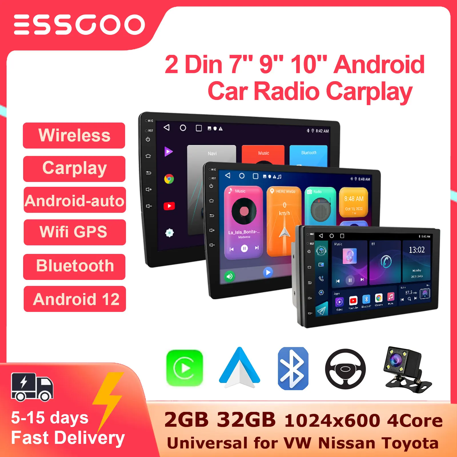 

ESSGOO 2 Din 7 9 10 Inch Android Car Radio 2G 32G Universal Multimedia Player Carplay Android Auto Autoradio Stereo Bluetooth