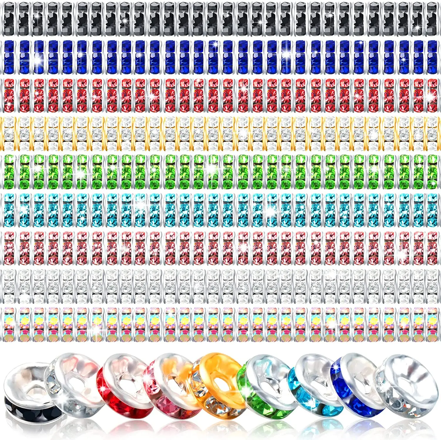 

100PCS Ring Spacer Crystal Charms Beads Silver Plated Czech Rhinestone Loose Beads for Jewelry Making DIY Bracelets