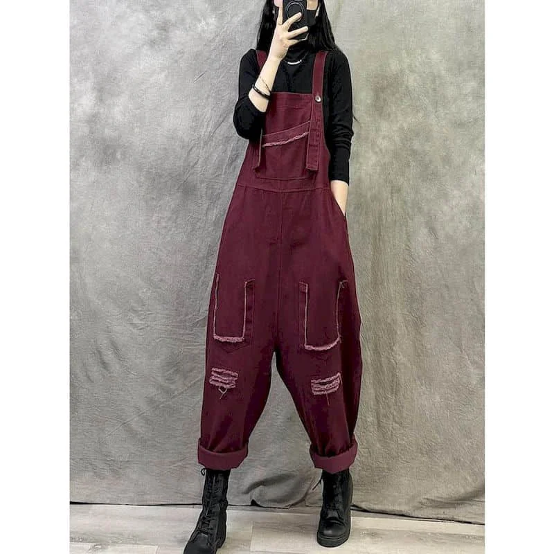 Однотонные Комбинезоны для женщин винтажные прямые брюки в стиле Харадзюку