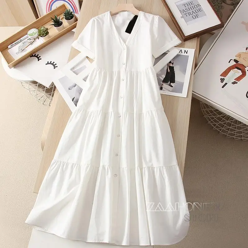

ZAAHONEW 2022 Spring Summer Female Fashion Poplin Short Sleeve V-Neck White Long Dress Women Solid Color Simple Casual Dresses