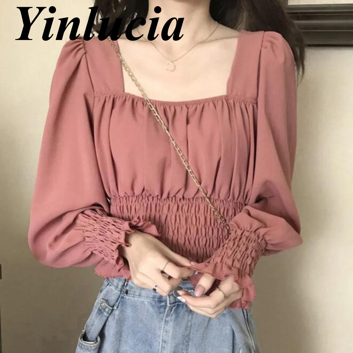 

Tops Women Blouses Sexy Chiffon Folds Waist Short T Shirt Tee Designed Solid Color Blouse Stylish Long Sleeves Sweet Street Wear