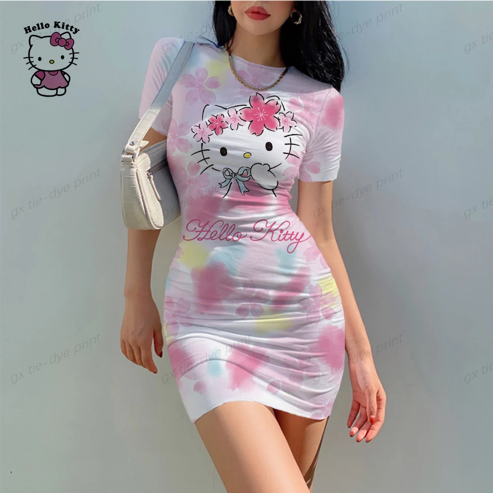 

Floral print Casual Skinny Dress New Women Fashion Sexy Stretch Slim Dress Lady Summer Hello Kitty fun print 3D print Mini Dress