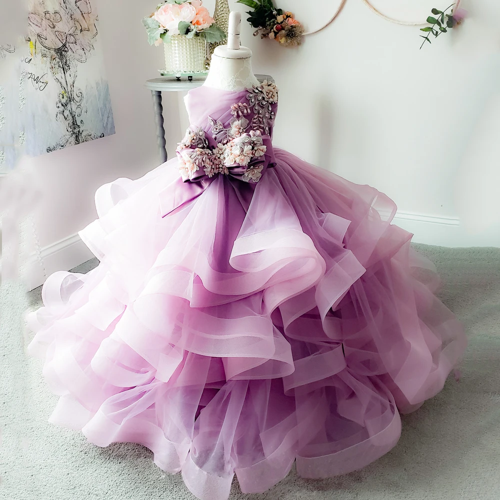 

Puffy Pink Flower Girl Dress Pearl Sleeves Princess Dress Girl Brithday Party Dress Girl Dress Baby Girl Dress Frist Communion